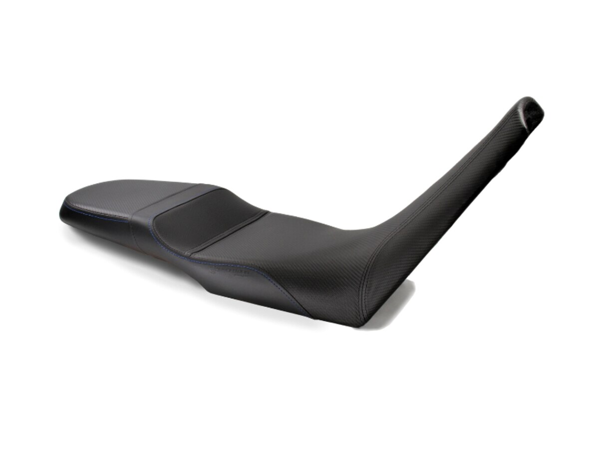 REVolution OEM Seat Upgrade for the Aprilia Tuareg 660 shown with CFX and Blue stitch.